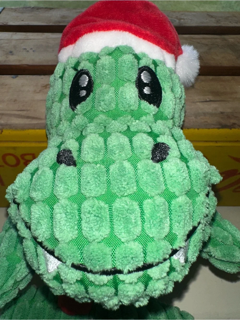 Green Plush Alligator Dog Toy with Red Santa Hat - Soft Chew Toy